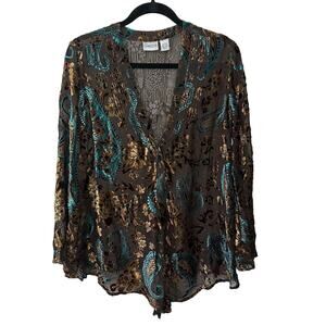 Chico's Size 1 Silk Blend Top‎ Velour Flowers Cardigan Topper Paisley Sheer Boho